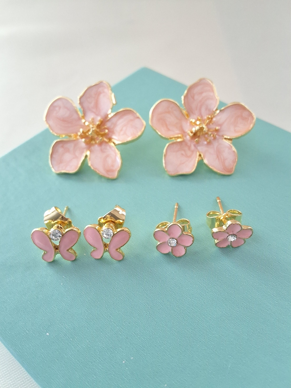 Pink Floral & Butterfly Stud Earring Set - Gold Accents